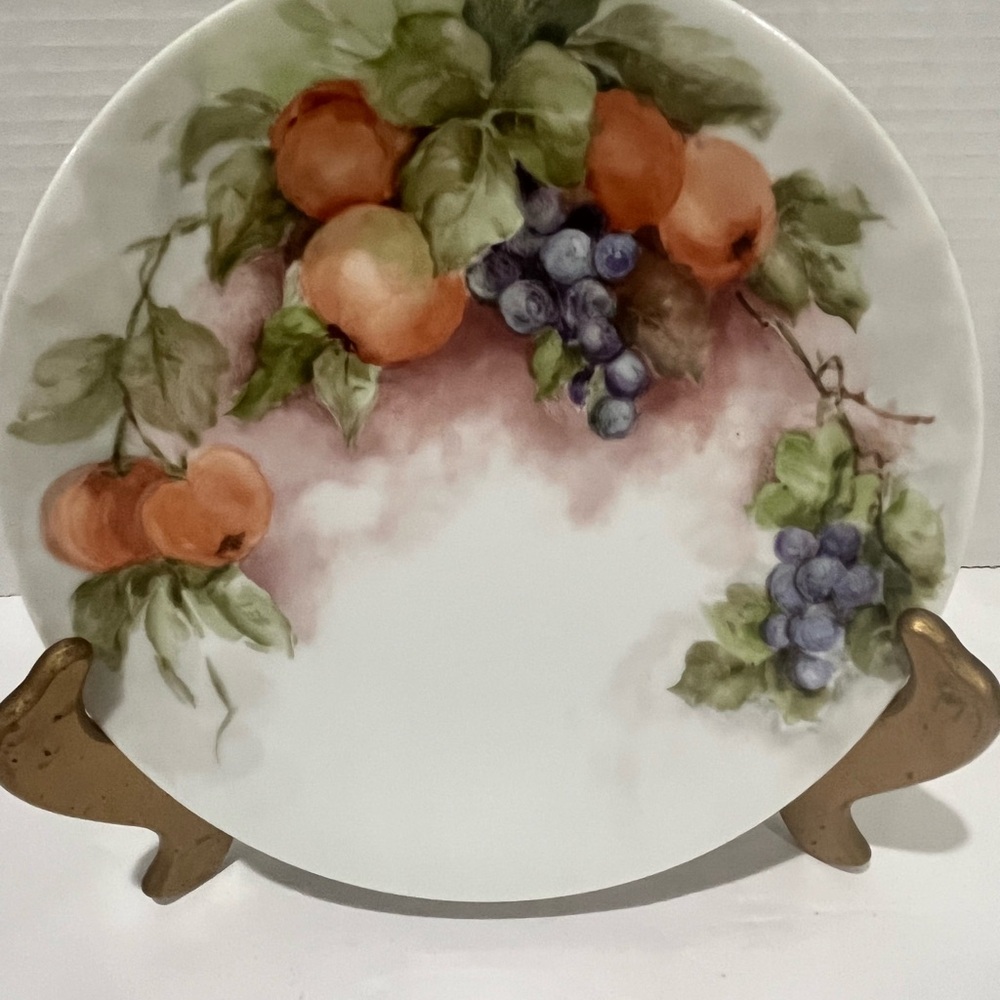 Vintage SILESIA Porcelain Decor Plate w/ Hand Painted Grapes & Peaches Design